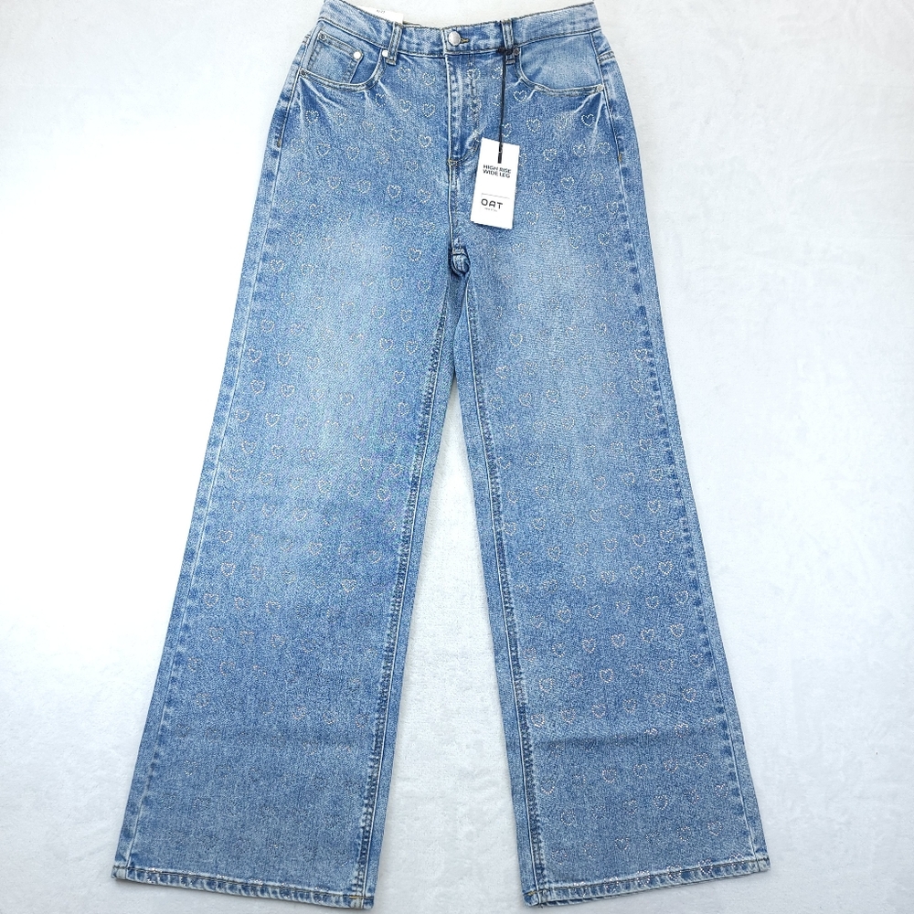 OAT New York Women's 4/27 Heart Rhinestone Denim High Rise Wide Leg Blue Jeans